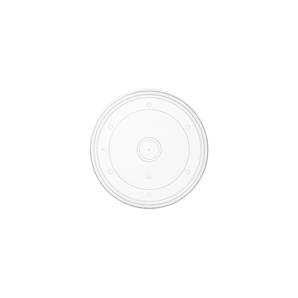 Top-down view of clear PP vented lid 118mm, showing concentric ring design and centre ventilation hole