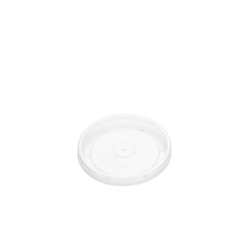 Angled view of clear PP vented lid 90mm, showing transparent surface with centre vent hole and locking rim clips
