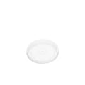 Angled view of clear PP vented lid 90mm, showing transparent surface with centre vent hole and locking rim clips
