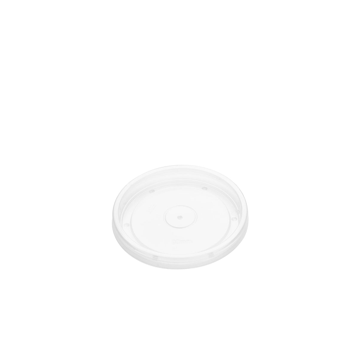 Angled view of clear PP vented lid 90mm, showing transparent surface with centre vent hole and locking rim clips
