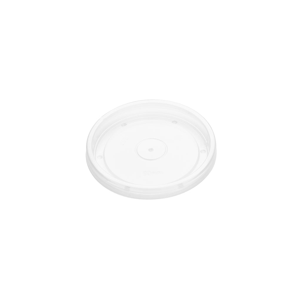 Angled view of clear PP vented lid 90mm, showing transparent surface with centre vent hole and locking rim clips