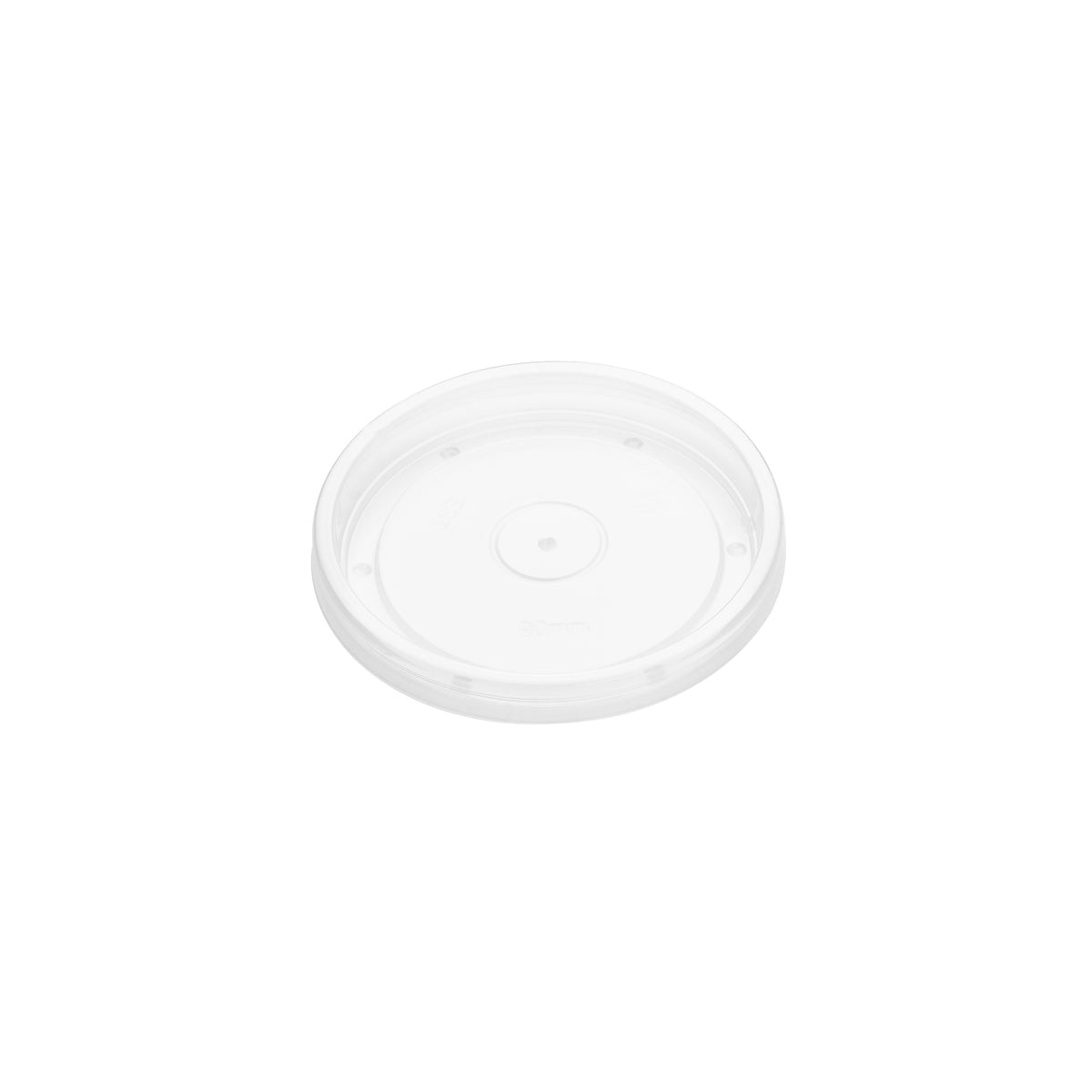 Angled view of clear PP vented lid 90mm, showing transparent surface with centre vent hole and locking rim clips