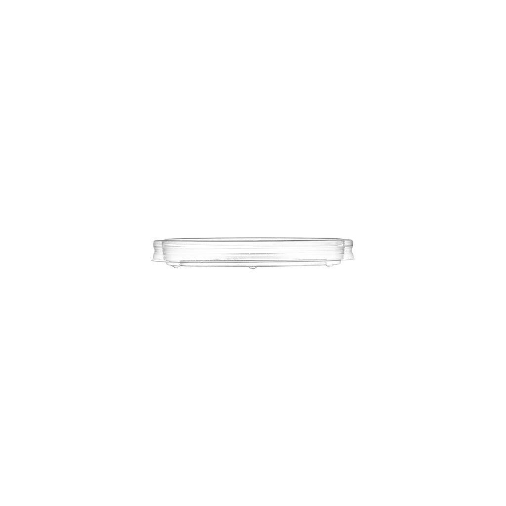 Clear PP vented lid 90mm for soup bowl container, side profile view showing slim transparent design on white background