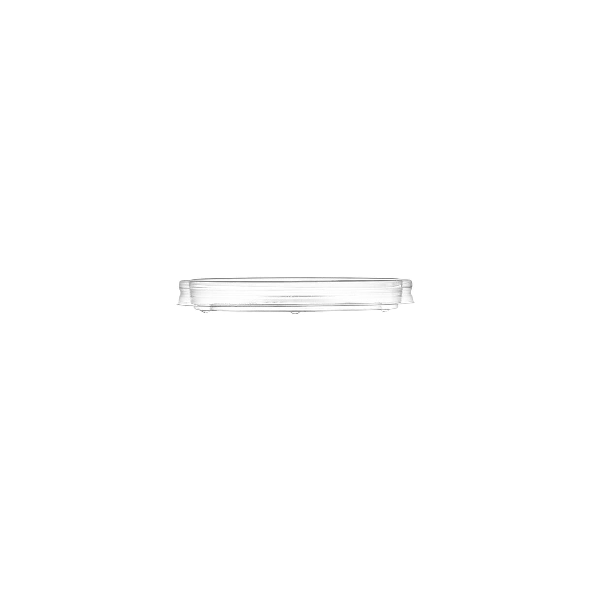 Clear PP vented lid 90mm for soup bowl container, side profile view showing slim transparent design on white background