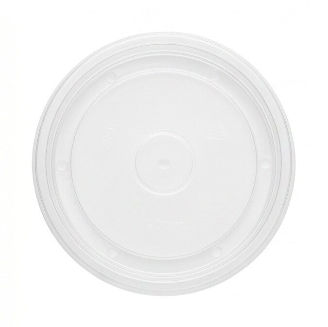 Close-up top view of clear PP vented lid 90mm highlighting concentric rings, centre vent hole and locking clips around the rim
