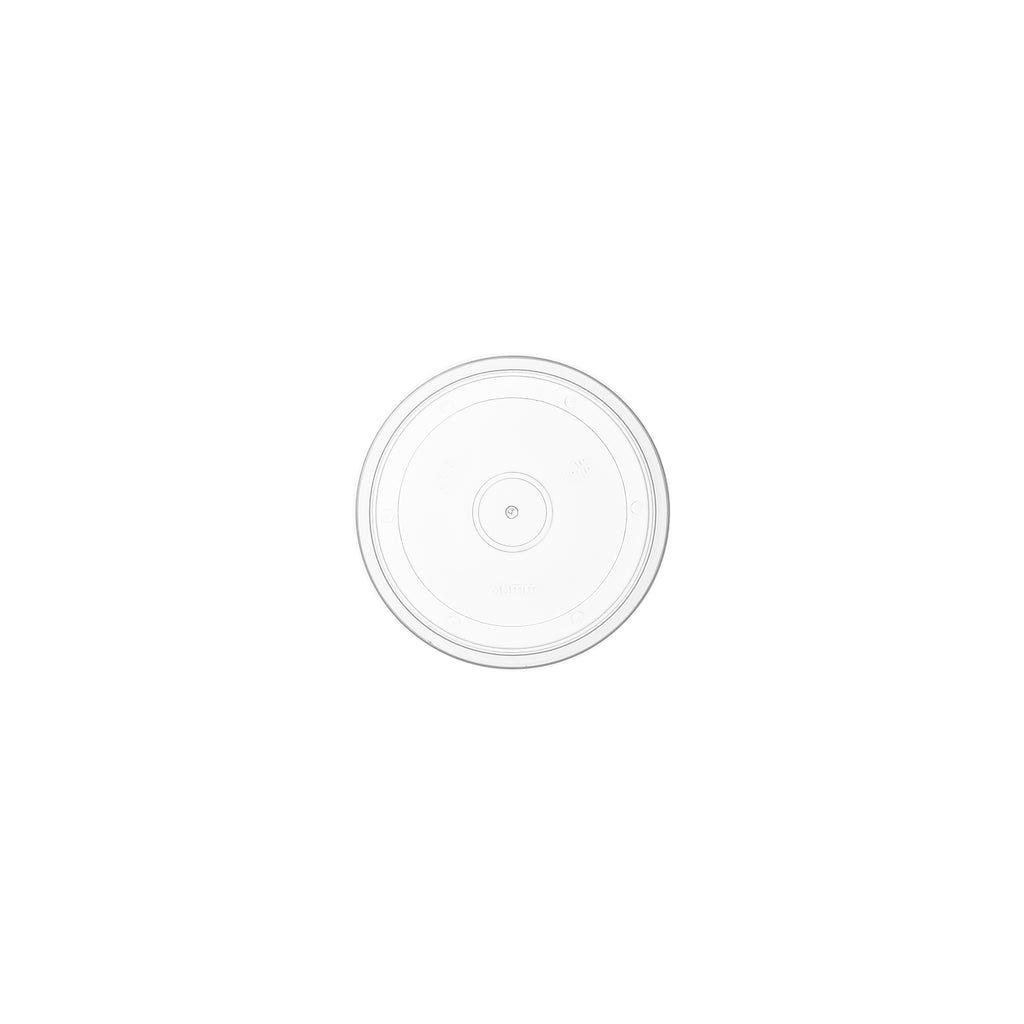 Top-down view of clear PP vented lid 90mm, showing concentric ring design and centre ventilation hole