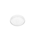 Angled view of clear PP vented lid 98mm, showing transparent surface with centre vent hole and locking rim clips