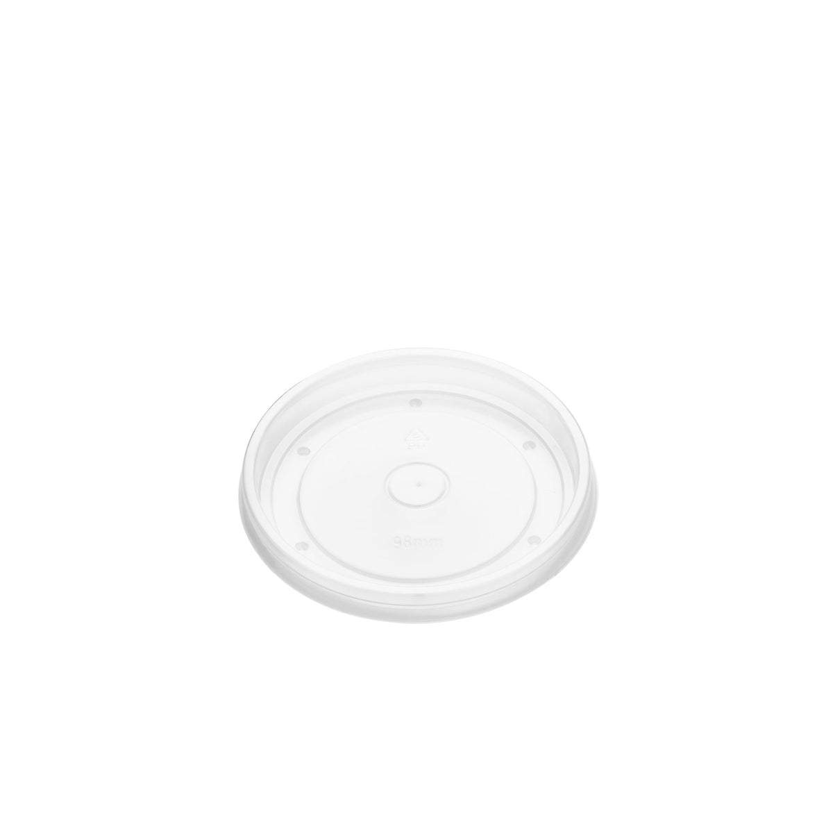 Angled view of clear PP vented lid 98mm, showing transparent surface with centre vent hole and locking rim clips