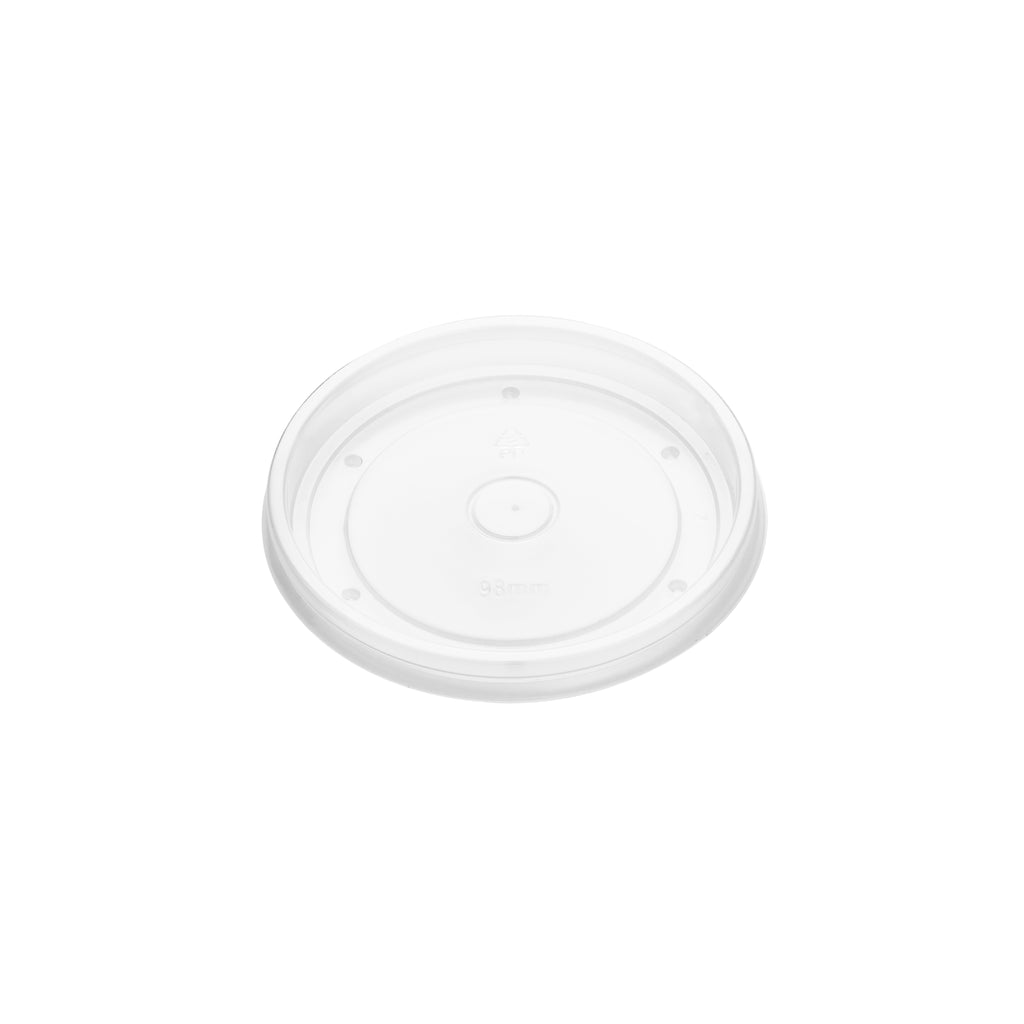 Angled view of clear PP vented lid 98mm, showing transparent surface with centre vent hole and locking rim clips