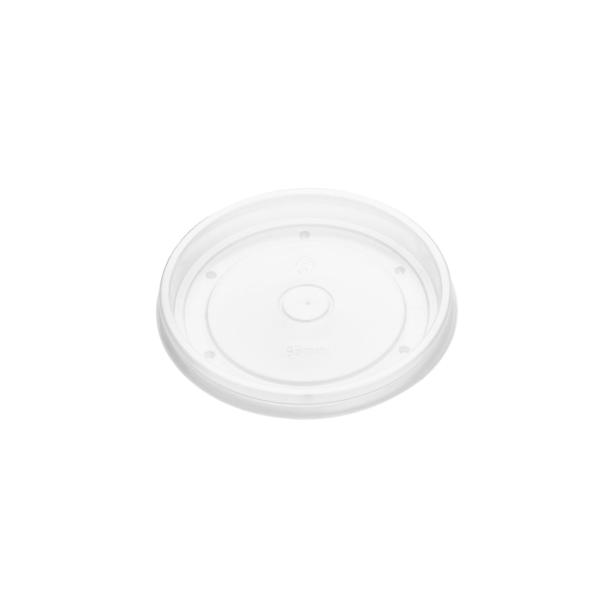 Angled view of clear PP vented lid 98mm, showing transparent surface with centre vent hole and locking rim clips