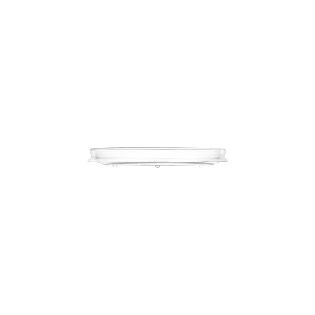 Clear PP vented lid 98mm for soup bowl container, side profile view showing slim transparent design on white background
