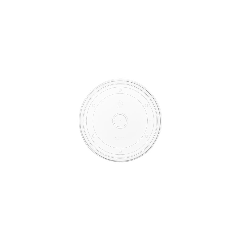 Top-down view of clear PP vented lid 98mm, showing concentric ring design and centre ventilation hole