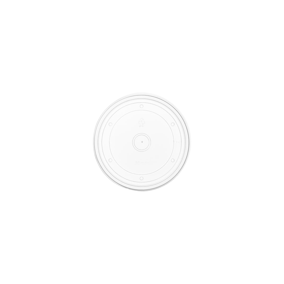 Top-down view of clear PP vented lid 98mm, showing concentric ring design and centre ventilation hole