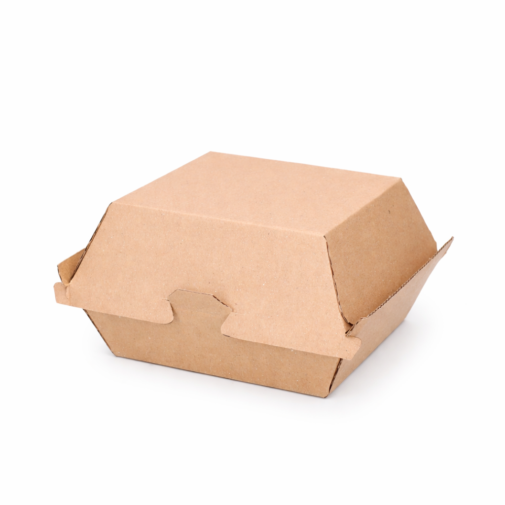 Small corrugated burger box closed, straight front view showing natural kraft brown corrugated construction and locking tab closure on white background