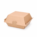 Small corrugated burger box closed, straight front view showing natural kraft brown corrugated construction and locking tab closure on white background