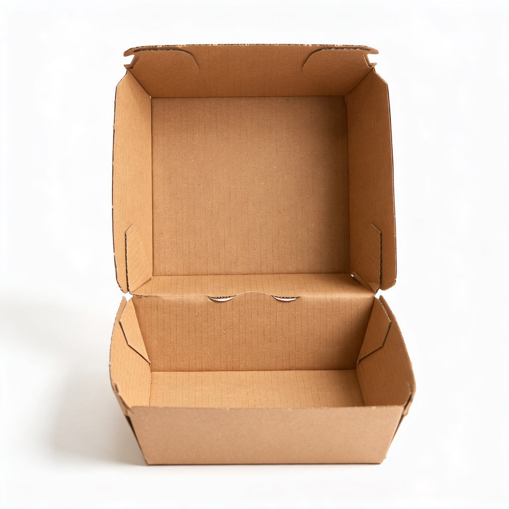 Small corrugated burger box open, straight front view showing lid fully raised and interior depth of natural kraft brown corrugated construction
