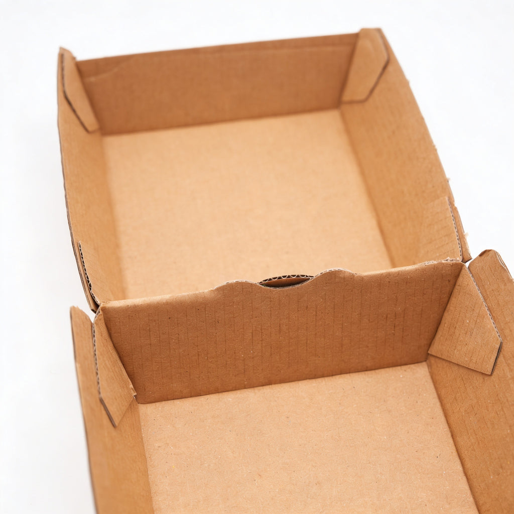 Small corrugated burger box open, top-down view showing interior base and walls of natural kraft brown corrugated construction
