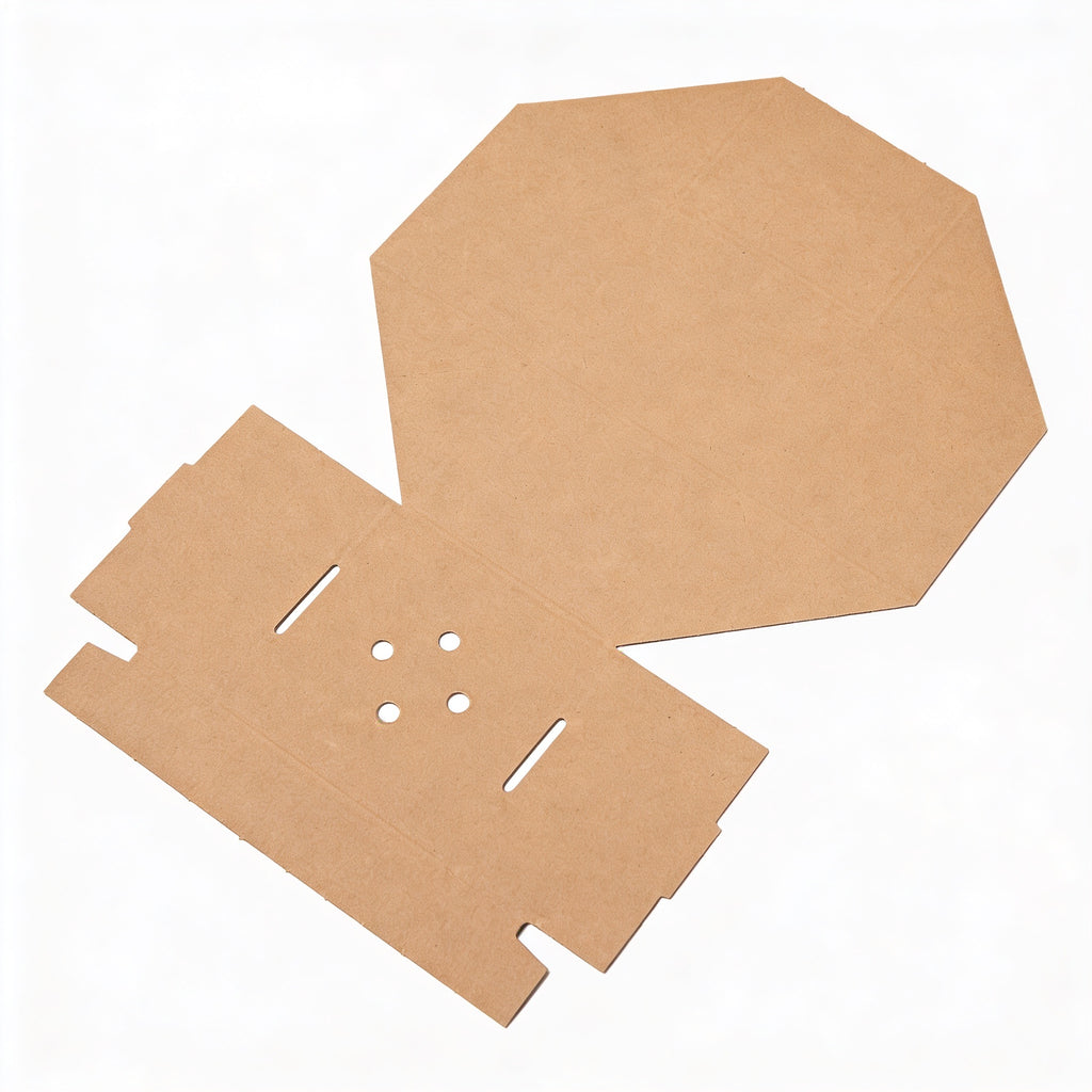 Small gourmet burger box flat unfolded blanks, top-down view showing die-cut kraft board sheets for lid and base before assembly on white background
