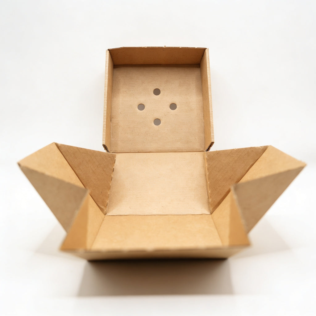 Small gourmet burger box open, straight front view showing lid fully raised revealing interior base and vented lid underside in natural kraft brown corrugated construction
