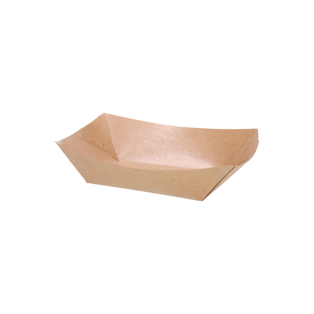 Small kraft paper boat trays stacked, three-quarter angle view showing multiple nested trays and natural kraft brown construction on white background