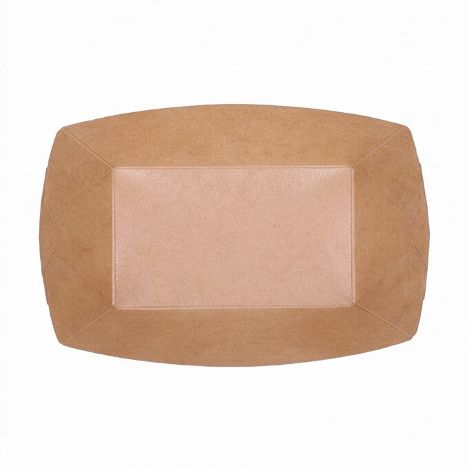 Small kraft paper boat tray, top-down view in landscape orientation showing full interior base and flared sides in natural kraft brown finish on white background