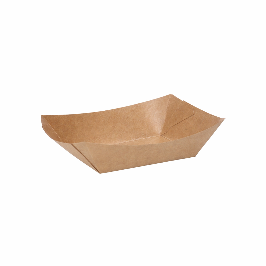 Small kraft paper boat tray, three-quarter angle view showing open rectangular tray with flared sides and natural kraft brown finish on white background