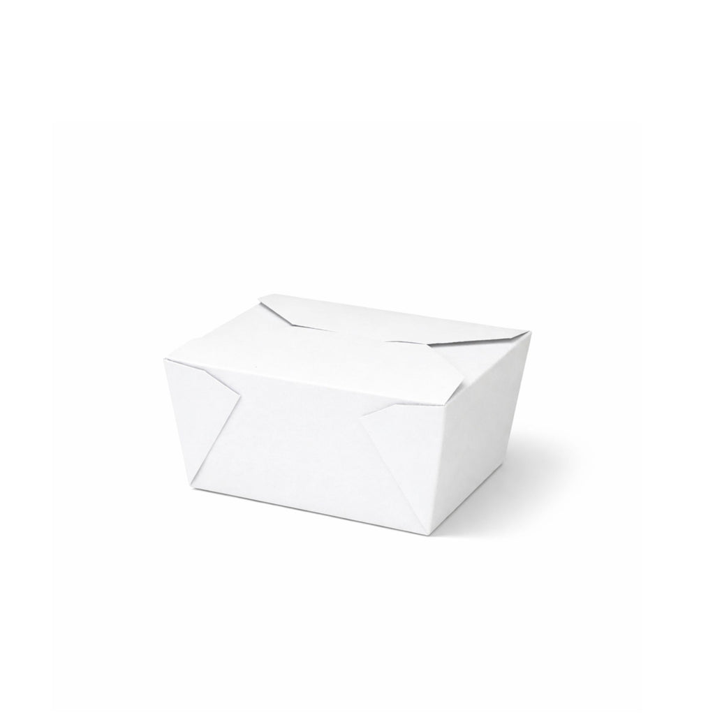 White paper takeaway food container No. 1 closed, three-quarter angle view showing top and side with fold-over flap
