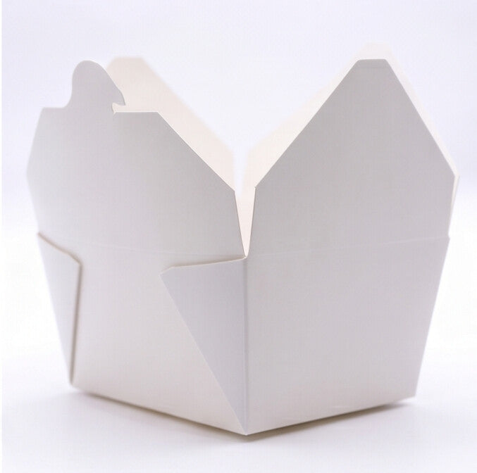 White paper takeaway food container No. 1 open, front-right angle view showing exterior white finish and open flaps