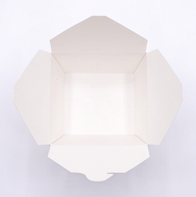 Top-down view of white paper takeaway food container No. 1 fully open, showing full interior capacity and fold-over flap construction