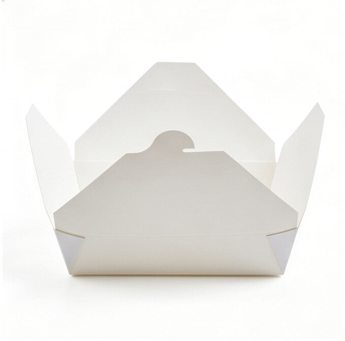 White paper takeaway food container No. 2 open, straight front view showing locking tab and spread flaps