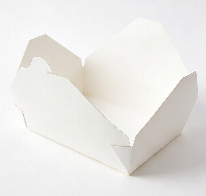 White paper takeaway food container No. 2 open, low side angle view showing interior depth and folded corner construction