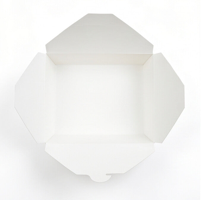Top-down view of white paper takeaway food container No. 2 fully open, showing full interior capacity and fold-over flap construction