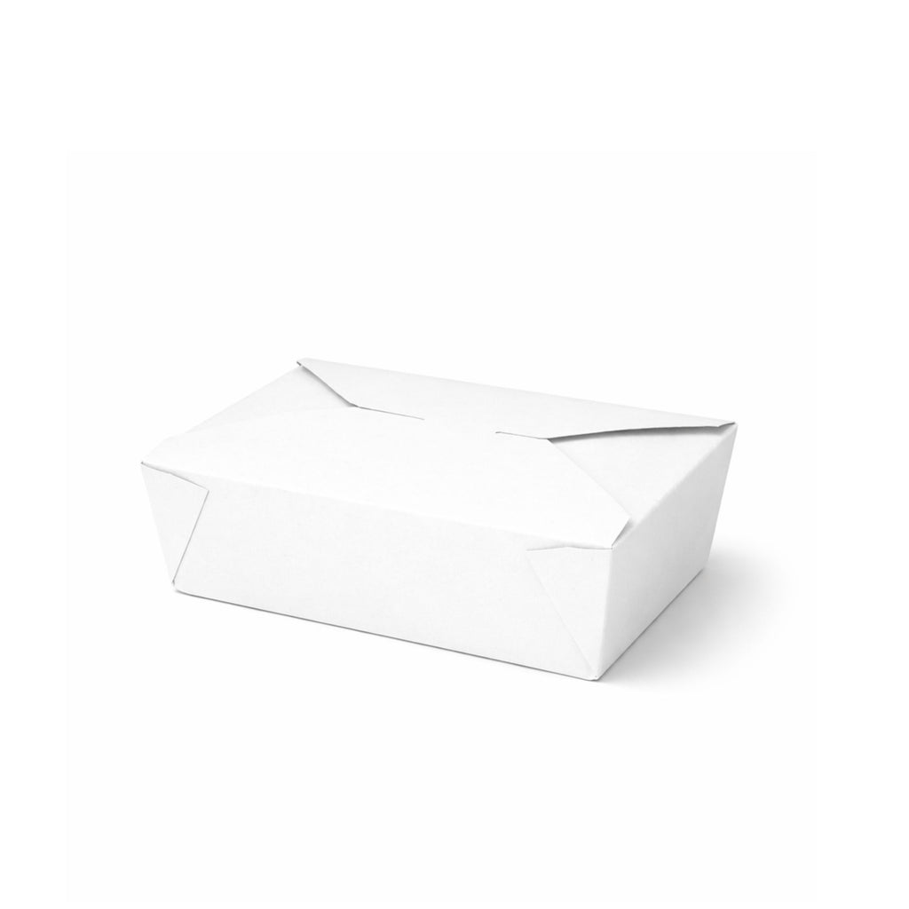 White paper takeaway food container No. 3, closed three-quarter angle view showing fold-over flap and clean white finish on white background