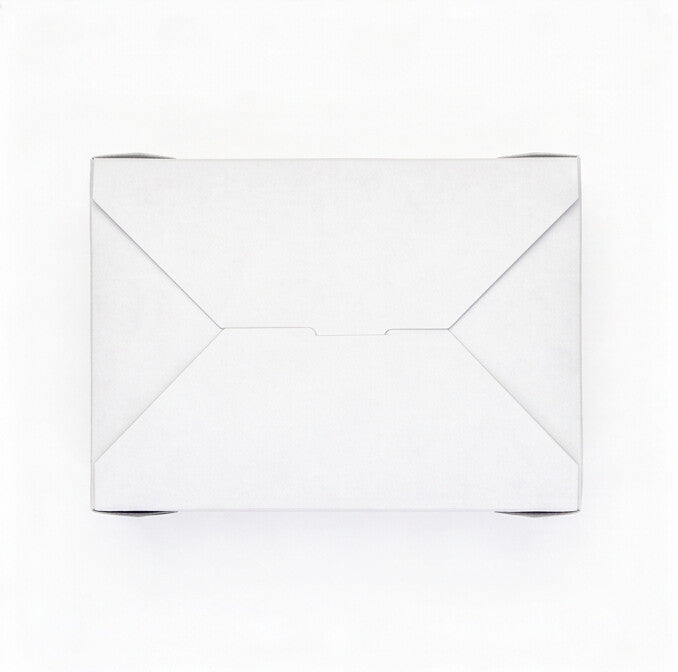 Top-down view of white paper takeaway food container No. 3 closed, showing cross fold-over flap lid and white finish