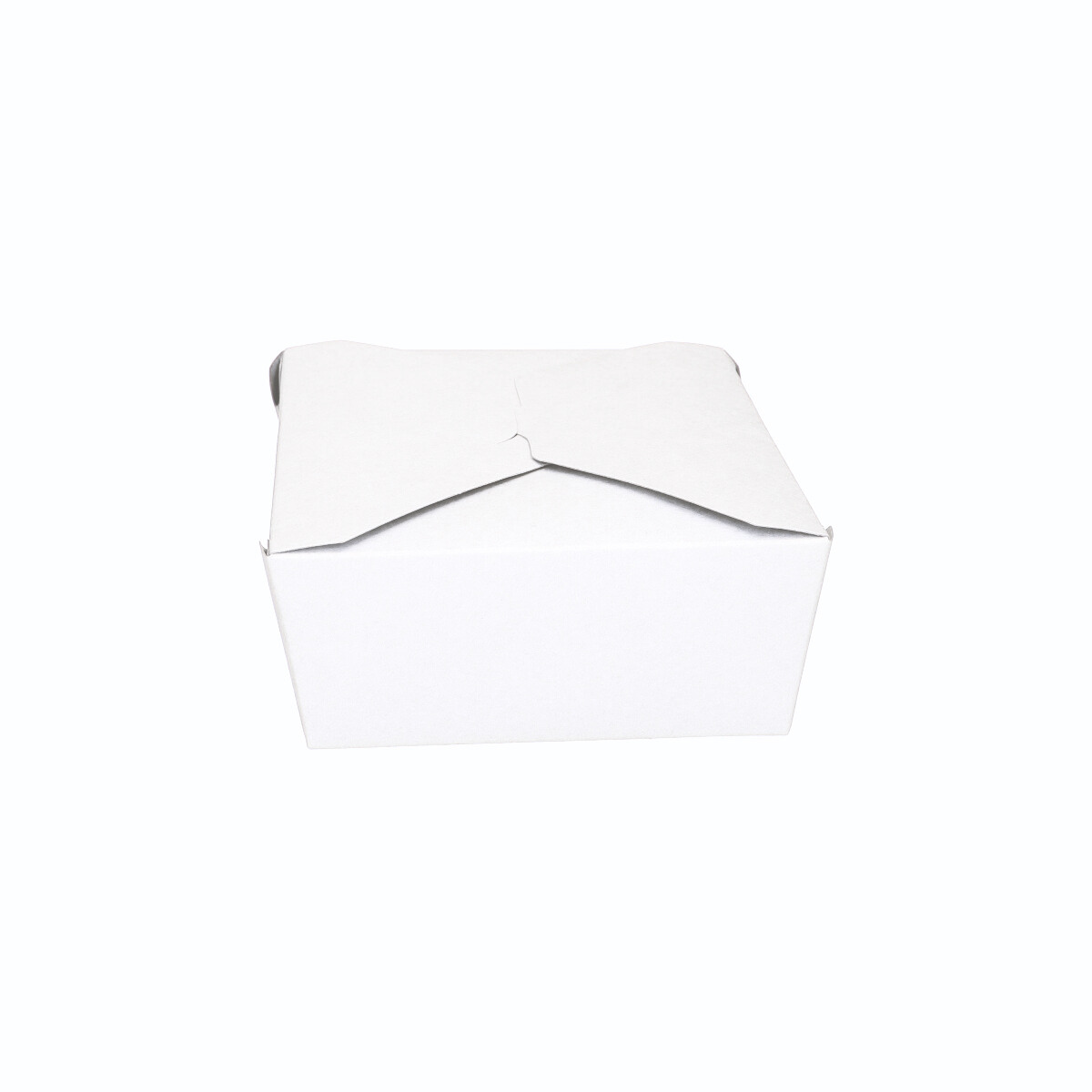 White paper takeaway food container No. 3, closed straight front view showing fold-over flap and clean white finish on white background