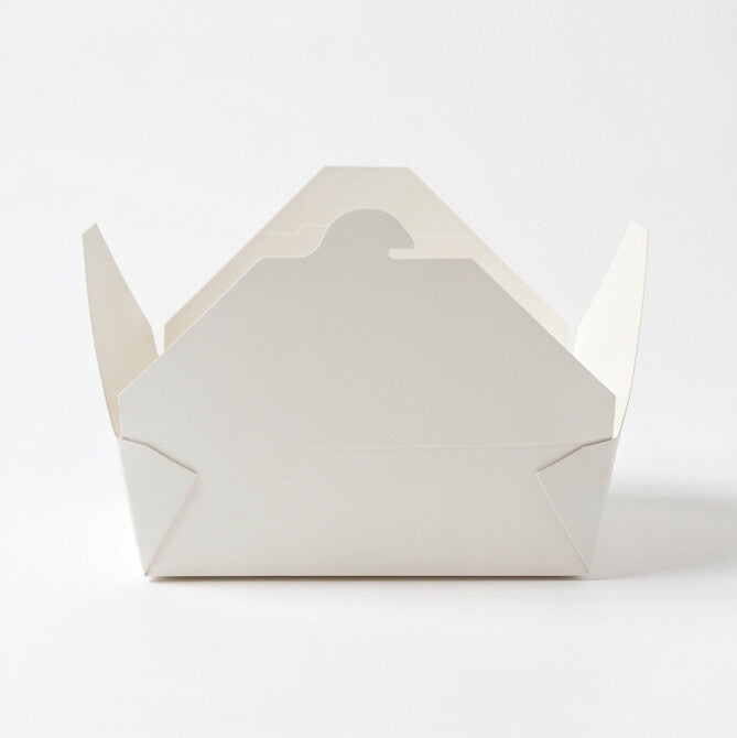 White paper takeaway food container No. 3 fully open, straight front view showing all four flaps spread wide and interior