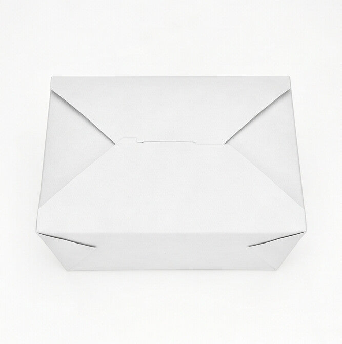 Top-down view of white paper takeaway food container No. 4 closed, showing cross fold-over flap lid and white finish