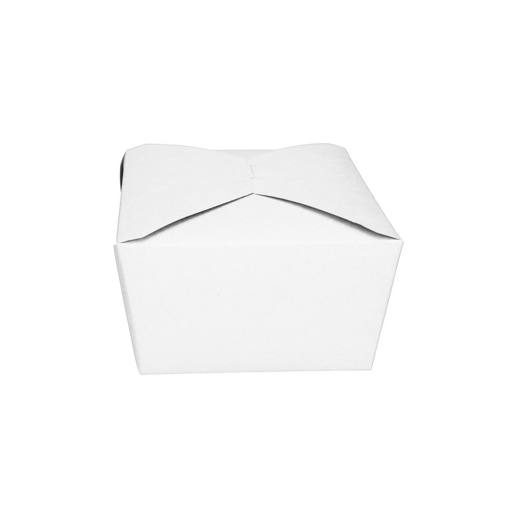 White paper takeaway food container No. 4, closed straight front view showing fold-over flap and clean white finish on white background