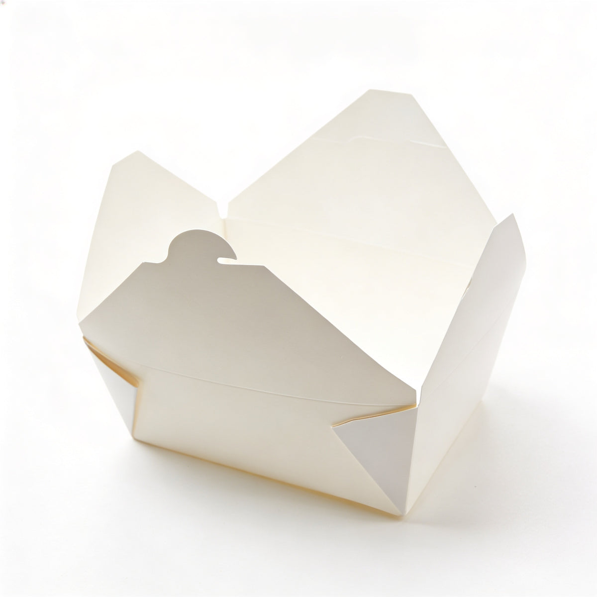 White paper takeaway food container No. 4 fully open, low angle view showing all four flaps spread and interior capacity