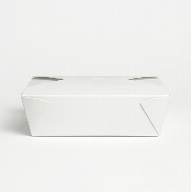 White paper takeaway food container No. 5, closed straight front view showing fold-over flap and clean white finish