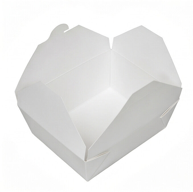White paper takeaway food container No. 5 fully open, front angle view showing all four flaps spread and interior capacity
