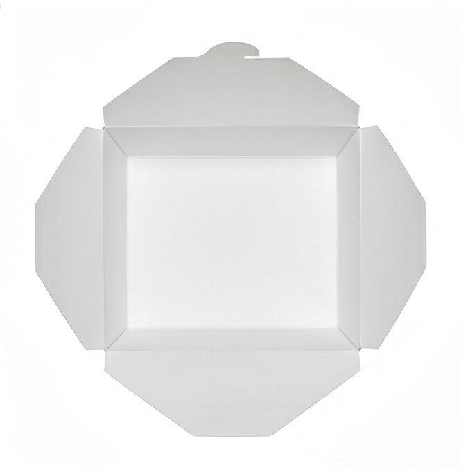 Top-down view of white paper takeaway food container No. 5 fully open, showing full interior capacity and fold-over flap construction