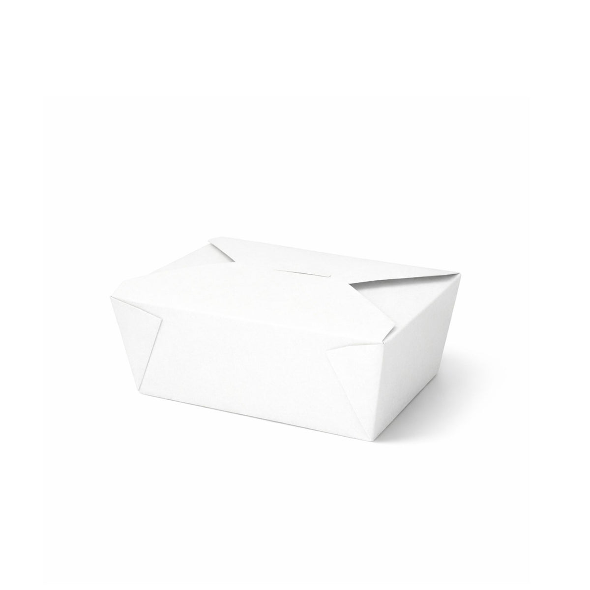 White paper takeaway food container No. 8, closed three-quarter angle view showing fold-over flap and clean white finish on white background