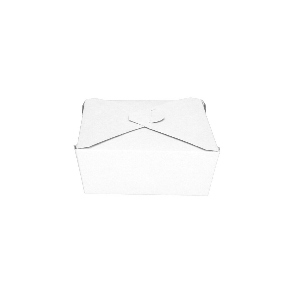 White paper takeaway food container No. 8, closed straight front view showing cross fold-over flap and clean white finish on white background