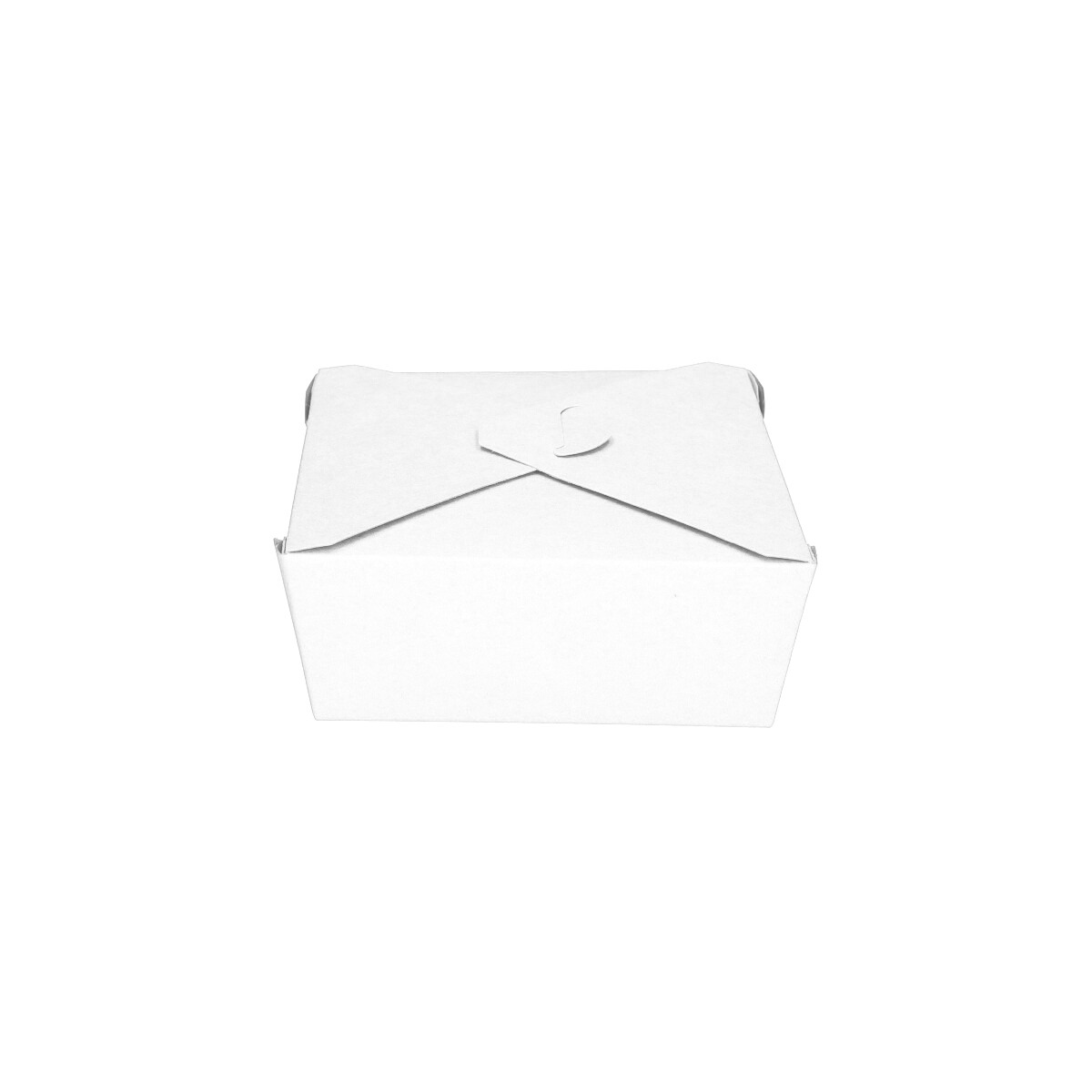 White paper takeaway food container No. 8, closed straight front view showing cross fold-over flap and clean white finish on white background
