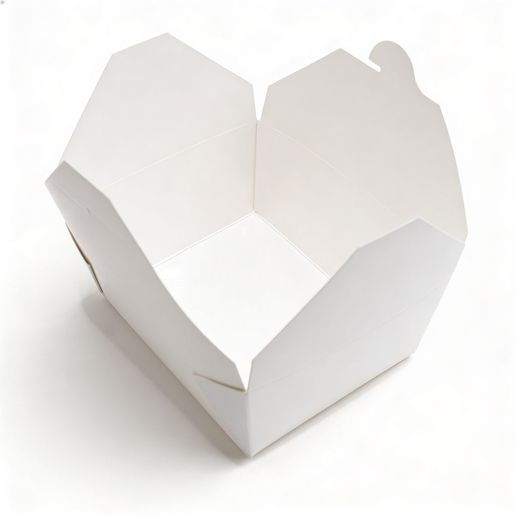 White paper takeaway food container No. 8 fully open, front angle view showing all four flaps spread and interior capacity

