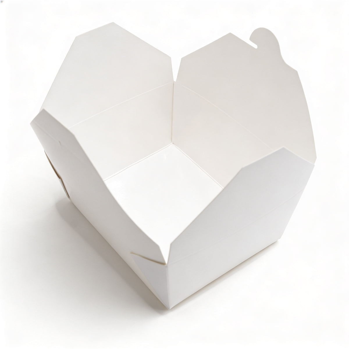White paper takeaway food container No. 8 fully open, front angle view showing all four flaps spread and interior capacity
