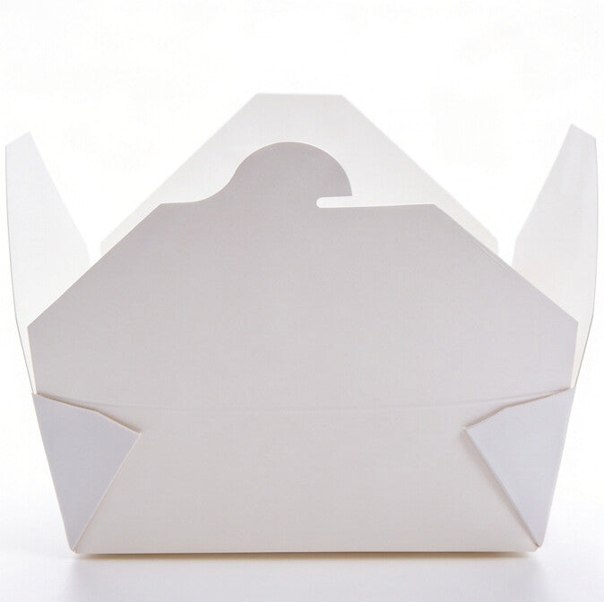 White paper takeaway food container No. 8 open, front angle view showing all flaps spread, locking tab detail and interior