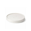 Angled view of white paper vented lid 118mm lifted from soup bowl base, showing four vent holes and white finish
