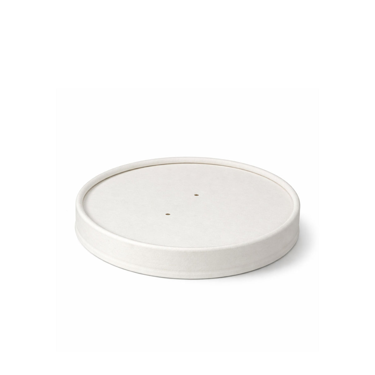 Angled view of white paper vented lid 118mm lifted from soup bowl base, showing four vent holes and white finish